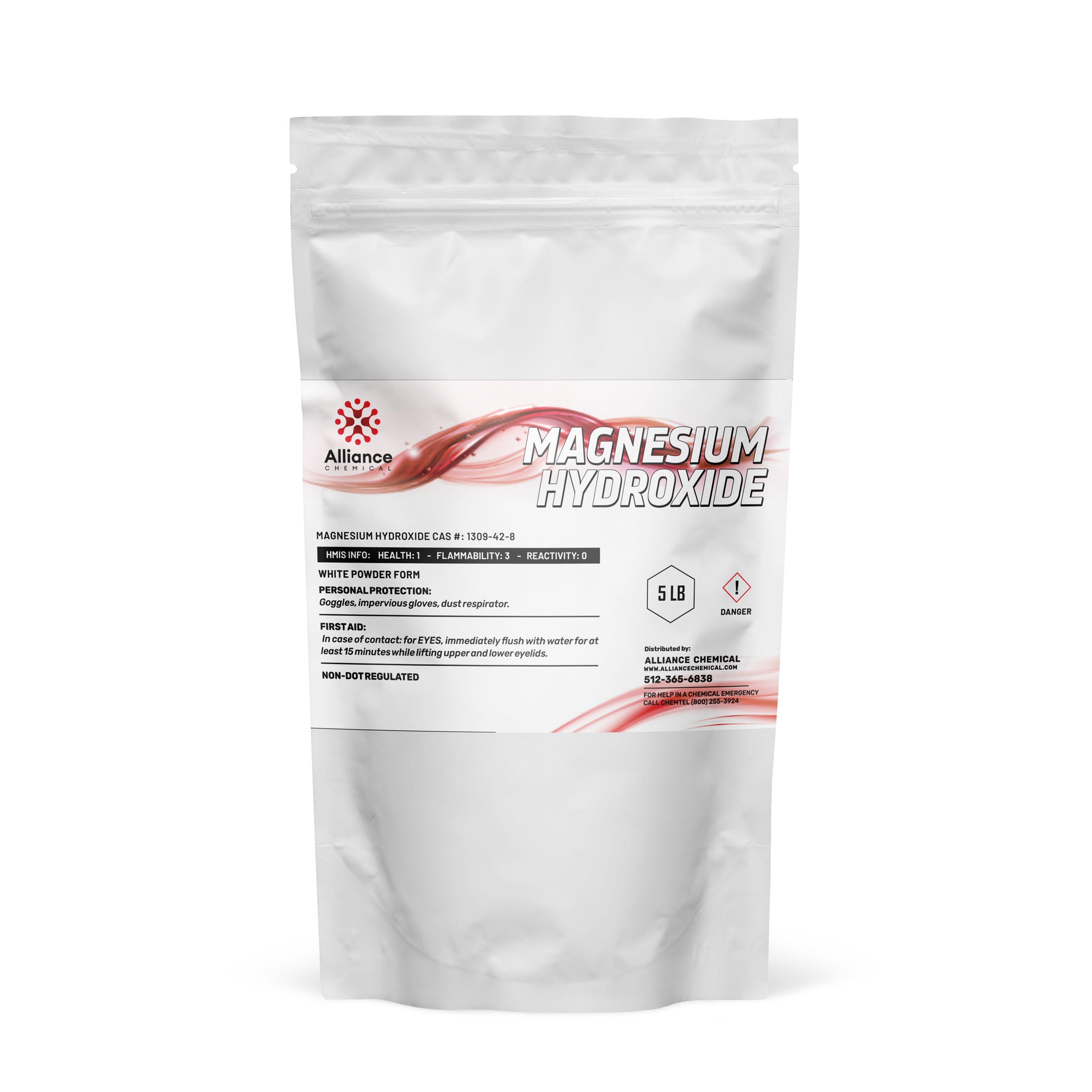 5 lb resealable bag of magnesium hydroxide powder (CAS 1309-42-8), white industrial-grade chemical with danger symbol, HMIS safety data, dust protection required.
